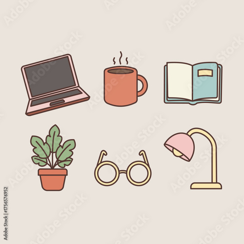 Work From Home Essentials Icon Set – Minimal Hygge Desk and Laptop Vector