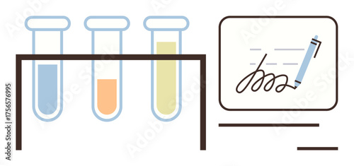 Three test tubes with blue, orange, and yellow liquid on a rack alongside a stylus and handwriting on a digital screen. Ideal for education, innovation, research, chemistry, technology, analysis