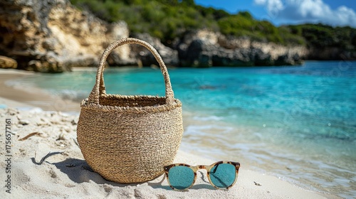 Straw Bag and Sunglasses on a Tropical Beach with Turquoise Water.