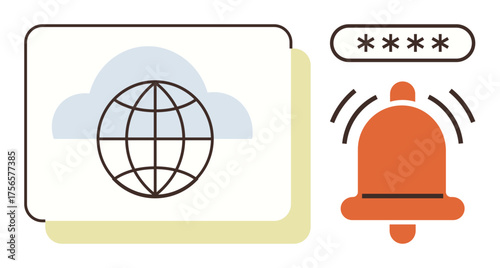 Globe in cloud representing internet, password security field, and ringing bell icon. Ideal for cybersecurity, online alerts, data protection, notifications, IT support, secure access system