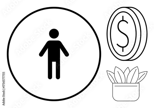 Human figure in a circle symbolizing personal focus, coin representing financial growth, and potted plant suggesting sustainability. Ideal for productivity, self-growth, finance, ecology, career