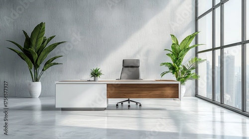 Modern Office Interior with Desk and Plants.