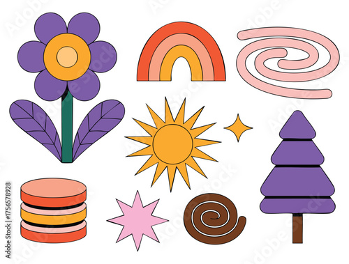 Children cute boho stickers set with rainbow sun and flower bohemian style icons trendy patterns ornaments flat vector collection isolated on beige background for creativity and art