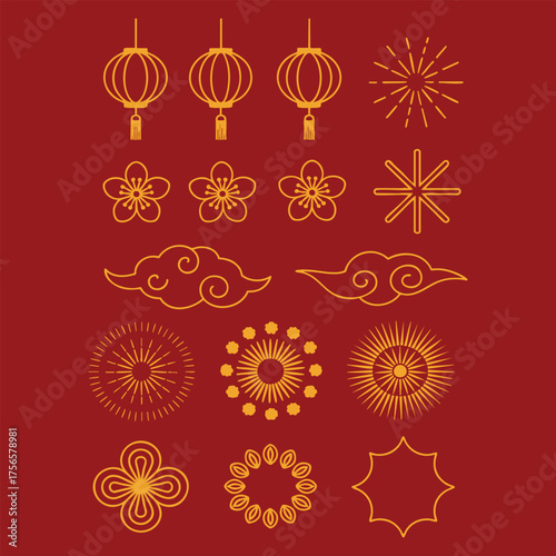 Chinese New Year icons vector set with paper lantern red lamp isolated oriental decoration asian lunar new year culture and traditional holiday illustration