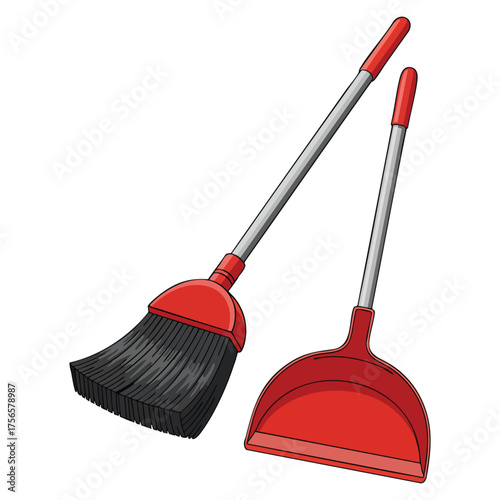 Cleaning tools vector illustration red plastic broom and dustpan isolated on white background flat style ideal for home hygiene and housekeeping concept