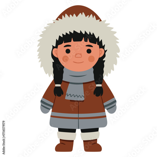 Cute eskimo girl in traditional snow fur coat vector illustration chukchi girl in flat style isolated on white background perfect for winter culture artwork