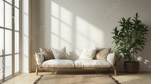 Minimalist living room with natural light and potted plant.