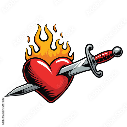 Fiery sword in heart vector illustration with flames ideal for fantasy tattoo artwork or creative concept of dramatic burning love emotional symbol design