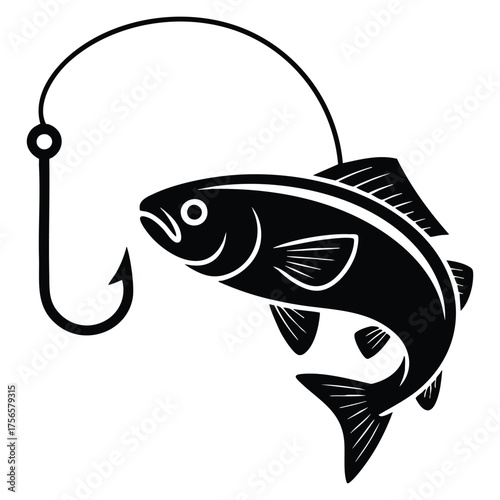 Fish with hook silhouette fishing glyph icon vector illustration isolated raster design element using negative space for outdoor themed artwork