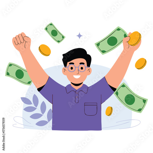 Financial freedom or independence concept with happy man scattering money outline minimal style flat cartoon vector illustration isolated on white background