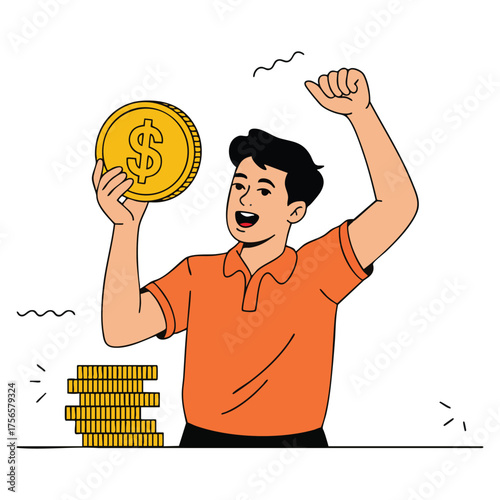 Flat cartoon vector illustration of businessman holding gold coin and dollar representing money management concept rich man received salary or loan on white
