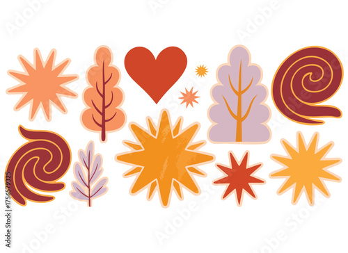 Flat vector collection of children cute boho stickers set heart star and leaves bohemian style icons trendy patterns ornaments isolated on beige background for decorative web artwork
