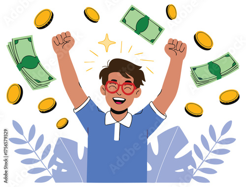 Flat cartoon vector illustration of happy man scattering money concept of financial freedom or financial independence isolated minimal outline style design
