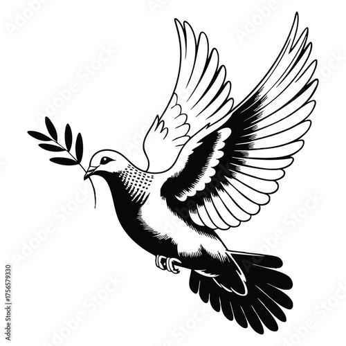 Flying dove silhouette vector illustration isolated on white background peace symbol bird holding branch perfect for religion nature or freedom artwork design