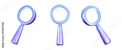 Set of holographic 3D magnifying glasses with neon gradient glow. Glossy search icons in futuristic style, isolated on white background. Perfect for web, UI, cyber game design. 3d realistic vector
