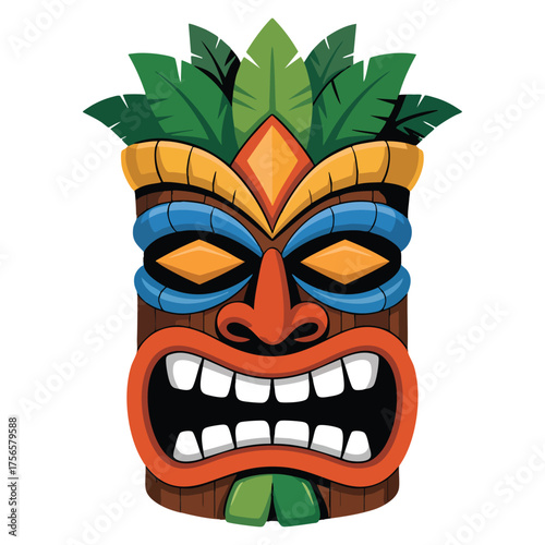 Hawaiian style colorful tiki mask wooden totem vector illustration isolated on white background ideal for tribal decoration and exotic artwork themes