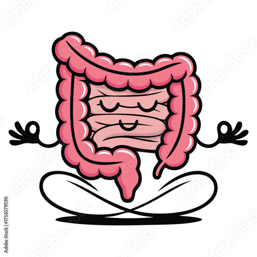 Healthy intestine character meditation yoga relax vector illustration sitting lotus position mindfulness gut organ health and wellness concept design