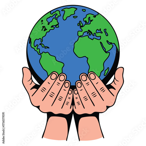 Hands protect earth flat line color isolated vector illustration editable clip art image on white background simple outline cartoon spot artwork for web design and creative concept