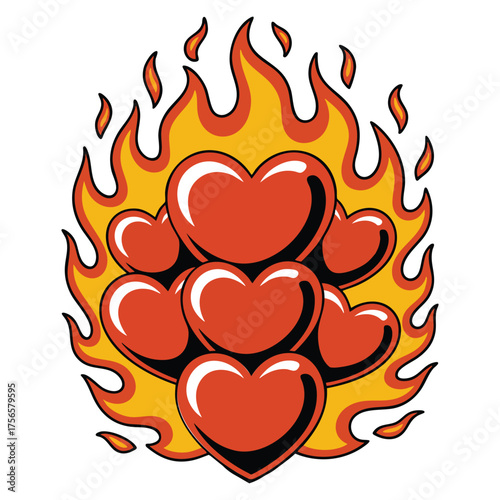 Hearts isolated on fire flame vector illustration perfect for romantic passion concept love burning theme or dramatic fantasy artwork design element