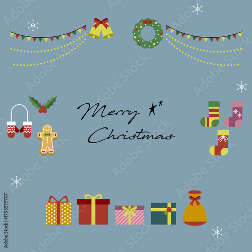 Stylish Christmas Decoration Illustration (Bells, Wreath, Garland, Presents) – with text, background（クリスマスイラスト）