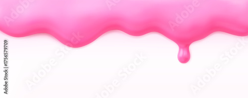 3D pink melting ice cream border isolated on white background. Render of realistic liquid texture strawberry topping, dripping glaze, yogurt, slime, nail polish, or cake icing for poster. 3D vector