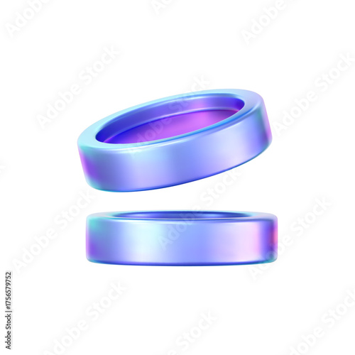 3D holographic coin stack with purple neon effect. Render of iridescent chrome coin pile, game token, casino chip, digital currency, or treasure. 3D vector illustration