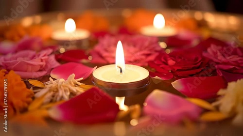 Close up of candles surrounded by colorful flowers in water for Indian wedding, celebratory, festive season, background element, greeting, invitation, decoration