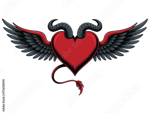 Red heart with devil horns and tail vector illustration perfect for romantic halloween design love temptation or fantasy character themed creative artwork