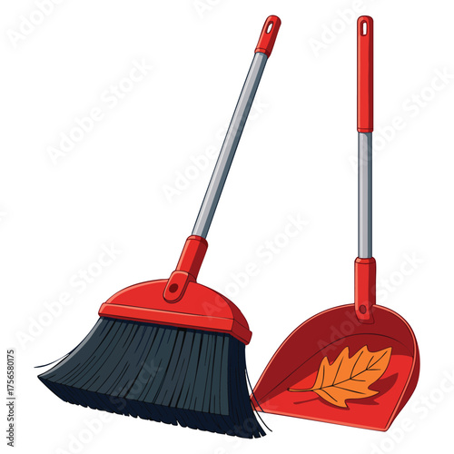 Red plastic broom and dustpan vector illustration isolated on white background flat style perfect for home cleaning tools hygiene or housekeeping artwork