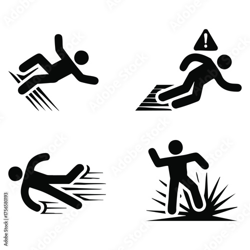 Slip and fall icon set vector illustration isolated on white background safety accident prevention concept for warning poster or signage artwork design