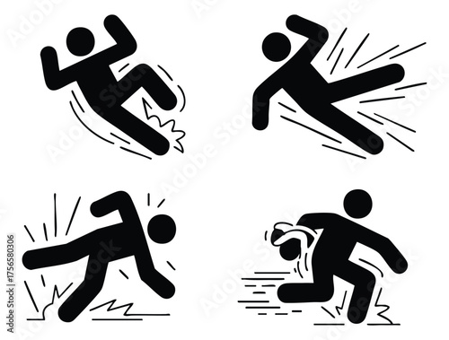 Vector icon set of slip and fall isolated on white background concept for accident safety warning signage poster or hazard awareness flat artwork design