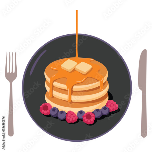 Top view breakfast concept vector illustration black dish with pancakes butter healthy eating morning meal knife fork food layout cartoon flat style artwork