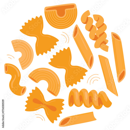 Vector illustration noodles and pasta set with different shapes and varieties hand drawn flat style isolated perfect for restaurant food design artwork