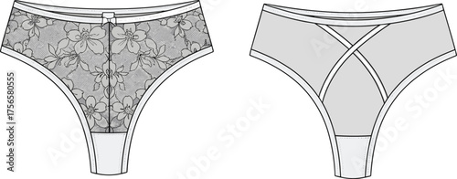 Women's thong underwear technical fashion flat sketch, lace and solid fabric design, lingerie garment construction, apparel illustration, intimate wear template