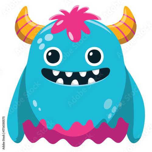 Vector illustration of blue monster character mutant with purple hair horns smiling cartoon mascot sticker toy or halloween creative artwork isolated on white background