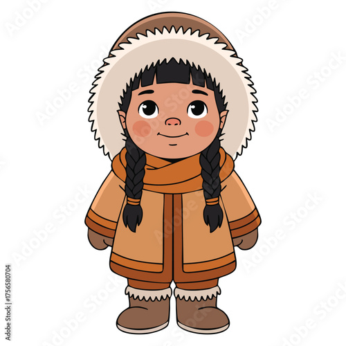 Vector illustration of cute eskimo girl wearing snow fur coat chukchi traditional outfit isolated on white background ideal for winter or cultural artwork