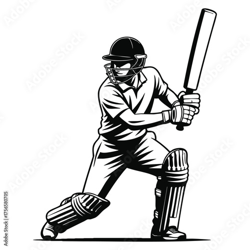 Vector illustration of cricket player glyph icon batsman ready to hit ball silhouette uniform sport contest tournament symbol isolated creative artwork
