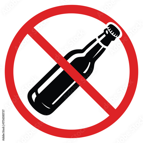 Vector illustration of forbidden sign with beer bottle glyph icon isolated design symbolizing no alcohol prohibition stop silhouette negative space artwork