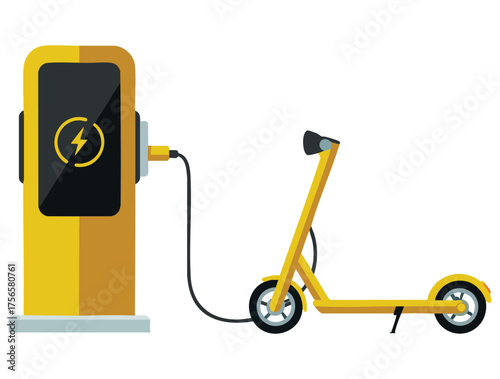 Vector illustration of electric scooter with battery charger isolated on white background ideal for ecological city transport charging station sustainable design