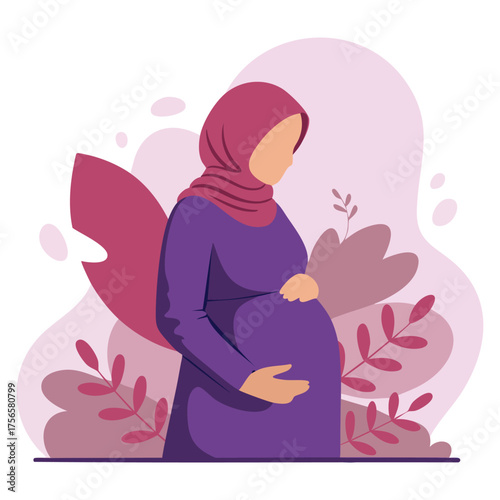 Vector illustration of happy pregnant muslim woman in hijab suitable for motherhood maternity concept family theme or islamic lifestyle creative artwork
