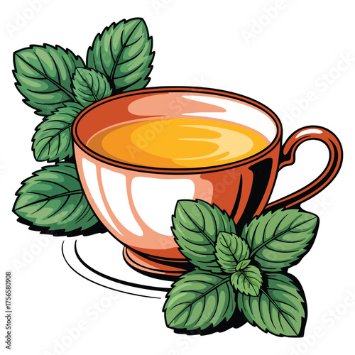 Vector illustration of mint herbal tea in glass cup teacup and leaves relax herb drink flat design element perfect for wellness organic tea concept