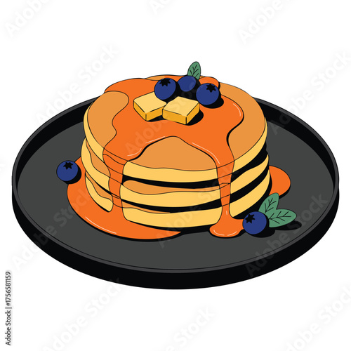 Vector illustration top view breakfast concept black dish pancakes with butter healthy eating morning template food layout cartoon flat style design