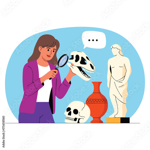 Vector illustration woman with fossilization concept young archaeologist exploring fossils bones skull pottery museum exhibition educational artwork