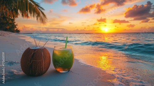 Tropical Beach Sunset with Refreshing Drinks and Palm Trees.