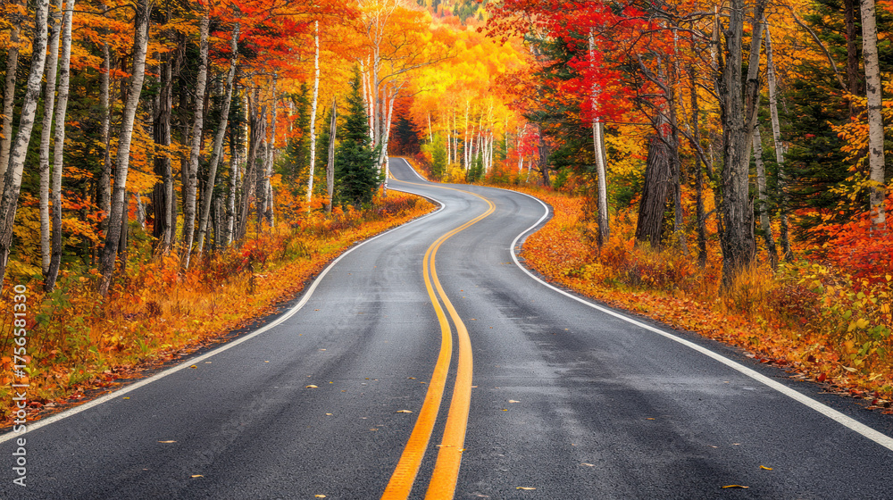 Naklejka premium Winding asphalt road through vibrant autumn forest, flanked by trees with colorful foliage