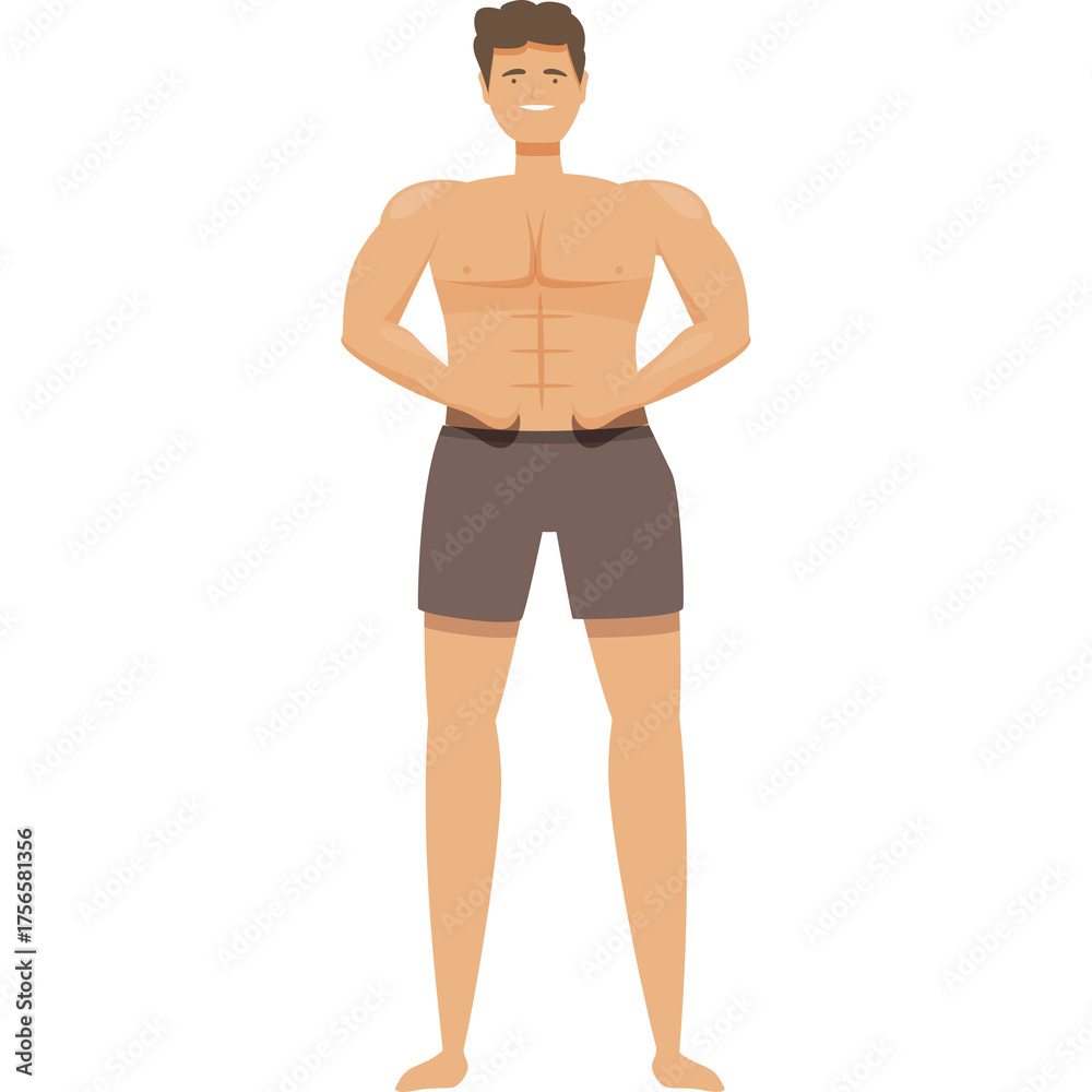 Fototapeta premium Athletic Muscular Man Flexing Biceps Muscles Wearing Brown Underwear With Tan Skin Tone and Short Brown Hair Standing Against a White Background in a Flex Pose