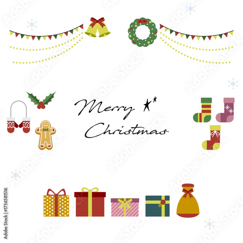 Stylish Christmas Decoration Illustration (Bells, Wreath, Garland, Presents) – with text, transparent background（クリスマスイラスト）