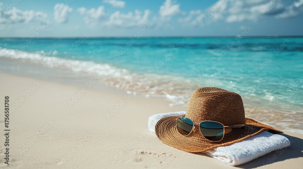 Relaxing Beach Scene with Hat and Sunglasses on Sandy Shore.