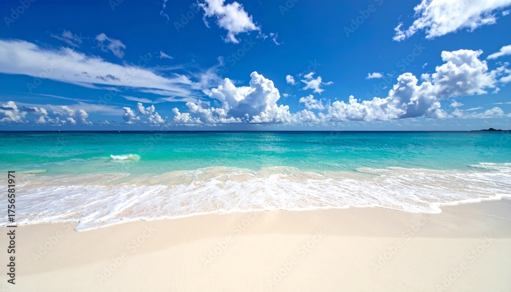 Fototapeta premium Tropical Beach Paradise White Sand, Turquoise Sea, and Blue Sky with Puffy Clouds