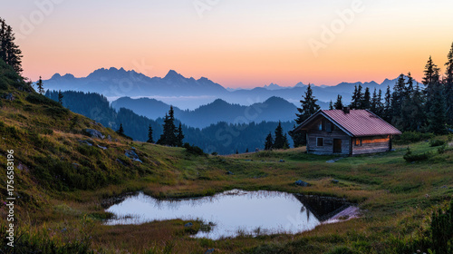 A rustic cabin sits beside a pond overlooking layers of mountain ranges under a colorful sunset
